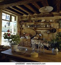 an old fashioned kitchen with pots and pans