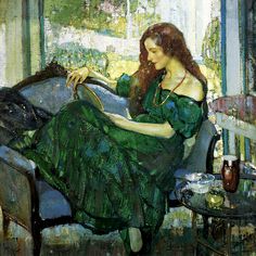 a painting of a woman in a green dress sitting on a blue chair and reading