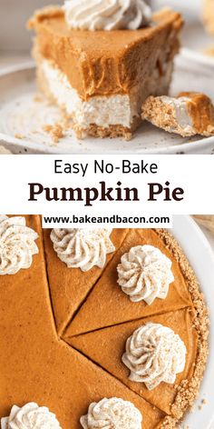 an easy no - bake pumpkin pie on a white plate with the rest of the pie in the background