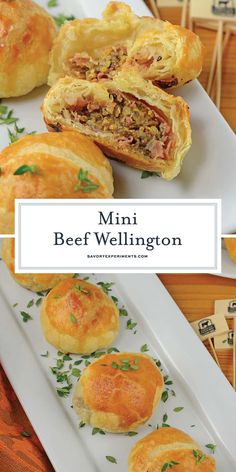 mini beef wellingtons on a white plate with green garnish and text overlay