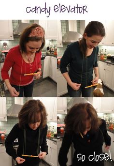 three pictures of two women in the kitchen, one is using a candy elevator and the other has chopsticks