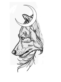 a drawing of a wolf with a crescent on its head