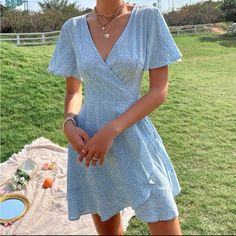 Blue Ruffle Trim Wrap Dress With Side Tie. Leopard Print Detail. Perfect For Summer, Brunch, Picnics, Etc. Blue Summer Dress Outfit, Light Blue Summer Dress, Casual Wrap Dress, Summer Dresses With Sleeves, Blue Dress Outfits, Blue Dress Short, Marine Uniform, Blue Summer Dresses, Short Summer Dresses