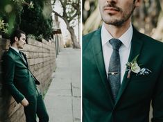 a man in a suit leaning against a brick wall and wearing a boutonniere