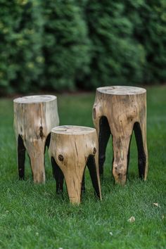 three wooden stools sitting on top of a green grass covered field next to trees