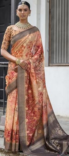 Beige and Brown color Saree in Silk fabric with Printed, Weaving work Luxury Gold Banarasi Silk Salwar Kameez, Luxury Banarasi Silk Saree With Floral Embroidery, Luxury Tussar Silk Fabric With Traditional Patterns, Brown Color Saree, Reception Saree, Silk Fabric, Brown Color, Weaving, Saree