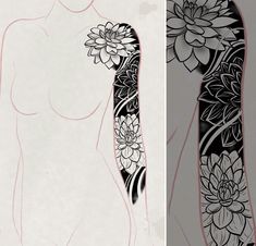 two different images of the same woman's body with flowers on her arm and shoulder