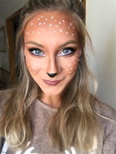 Doe Eye Makeup Halloween, Make Up For Deer Costume, Oh Deer Halloween Costume, Mom Deer Costume, Womens Doe Costume Diy, Doe Deer Face Paint, Deer Halloween Makeup Tutorial, Halloween Doe Makeup, Family Deer Costume Ideas