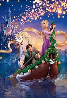 the tangled princess and prince riding in a boat