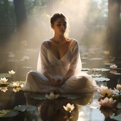 a woman sitting on top of a lily covered pond