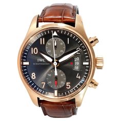 IWC Pilot Spitfire IW387803 Men's Watch in 18kt Rose Gold SKU: 131560 PRIMARY DETAILS Brand: IWC Model: Pilot Spitfire Country of Origin: Switzerland Movement Type: Mechanical: Automatic/Kinetic Year Manufactured: 2018 Year of Manufacture: 2010-2019 Condition: Comes with the original box, papers, and instructions. CASE DETAILS Case Shape: Round Case Height (mm): 15.40 Bezel Type: Smooth Case Material: 18K Rose Gold Case Width (mm):: 43 Crystal: Sapphire Water Resistant Depth (m): 60 BRACELET DETAILS Band Type: Alligator Clasp/Buckle Type: Tang Buckle Band Length (inches): 7.75 DIAL DETAILS Dial Color: Gray Dial Markers: Arabic & Stick Iwc Pilot, 2018 Year, Pilot Watch, Rose Gold Case, Gold Case, Men's Watch, 18k Rose Gold, Wrist Watch, Original Box