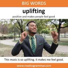 a man in a suit and headphones with the words uplifting above him