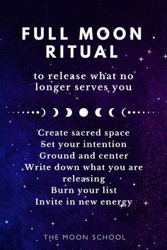 Use the intense energy of the full Moon to release what’s no longer serving you and call in new abundance and prosperity. Make the full Moon phase a positive experience, harness full Moon power for release rituals, wiccan inspired spells. Witchcraft with crystals, spell books, meditation and chakra cleansing. Balance divine feminine energies and get emotional healing by letting go Release Ritual, Full Moon Release, Release And Let Go, Moon Aquarius, Full Moon Energy, Clear Chakras, Full Moon Phases