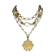 If you're looking for a Spectacular Statement Necklace, look no further….🌟 Large reproduction French coin in matte gold set in decorative silver bezel. We've done a few variations of this design, it's been one of our best sellers. This beauty hangs from a gold beaded vintage style glass pearl chain with lobster clasp French Face, Pearl Baroque, French Coins, Pearl Necklace Choker, Character Board, Silver Linings, Coin Pendant Necklace, Necklace Layering, Gold Coin