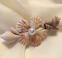 seashells and pearls on white fabric with pearl bead brooch or pin