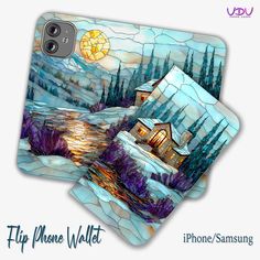 two phone cases with an image of a cabin in the snow and trees on them