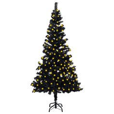 a black christmas tree with white lights on it's base and an upside down stand