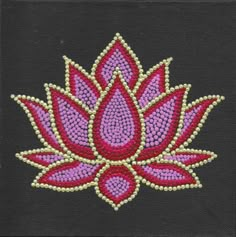 a pink and purple flower on black fabric with beadwork in the shape of a leaf