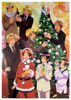 an anime poster with people around a christmas tree and one man holding a glass in his hand