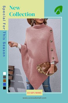 Knit Cloak, Shawl Coat, Pink Turtleneck, Sweater With Buttons, Sweater Shawl, Neckwear Women, Shawl Sweater, Cape Sweater, Scarf Poncho