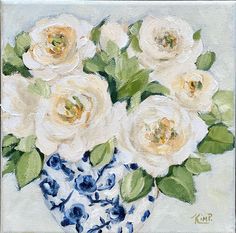 a painting of white roses in a blue and white vase