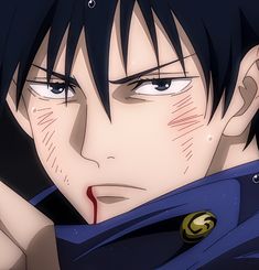 an anime character with black hair and blue eyes looks at the camera while holding his hand up to his face