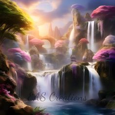 an artistic painting of waterfalls and trees with the words 48 creations written below it