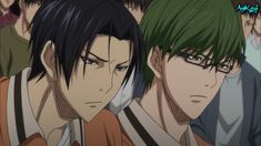 two anime guys with green hair are staring at the camera while another guy looks on