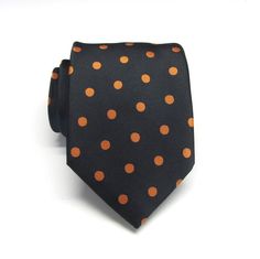 Mens Tie. Black Orange Polka Dot Mens Necktie with by TieObsessed Polka Dot Standard Tie For Formal Occasions, Black Tux Orange Tie, Polka Dot Ties For Black Tie Events, Polka Dot Ties For Black Tie Occasions, Polka Dot Standard Tie For Business, Classic Orange Ties For Business, Business Polka Dot Ties, Formal Polka Dot Standard Tie, Black Semi-formal Ties With Pocket Square