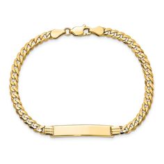 14k yellow gold polished flat curb link ID bracelet. Measures approximately 3/16 of an inch in width and has a lobster claw clasp. Gold Nameplate Curb Chain Bracelet, Classic Gold Name Bracelet With Curb Chain, Yellow Gold Bracelet With Curb Chain And Nameplate, Yellow Gold Bracelet With Rectangular Curb Chain, Formal Gold Bracelet With Rectangular Curb Chain, Classic Yellow Gold Nameplate Chain Bracelet, 14k Gold Bracelet With Curb Chain And Nameplate, Classic Rectangular Curb Chain Jewelry, Gold Gemstone Necklace