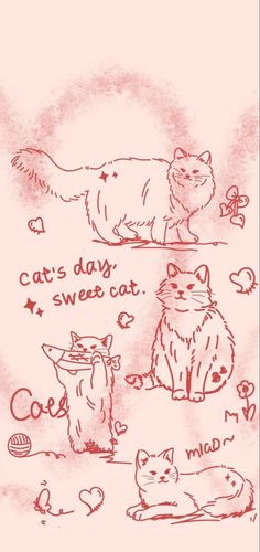 an image of cats and kittens in red ink on pink paper with the caption cat's day, sweet cat