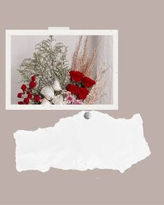 a white piece of paper with red flowers on it and an old photo hanging from the wall