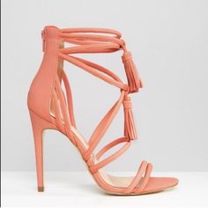 Aldo Caterina Sandals In Size 7. Never Been Worn Only Tried On. Nude Peach In Color. Chic Pink Lace-up Sandals, Chic Pink Open Toe Lace-up Sandals, Feminine Strappy Sandals For Party, Coral Heels, Coral Peach, Aldo Shoes, Nubuck Leather, T Strap, Cosmopolitan