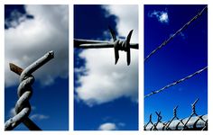 three pictures of barbed wire and blue sky with clouds in the backgrouds