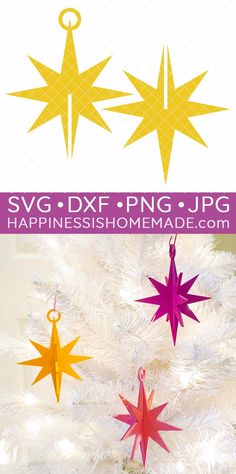 three paper stars hanging from the top of a christmas tree with text overlay that reads svg dxf - png jpjc happinesshommade com