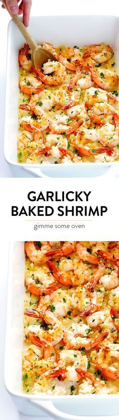 two images show how to make garlicky bake shrimp in a casserole dish