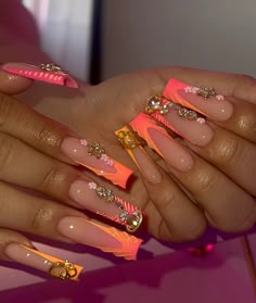 Nails Inspo Cute, Toes Nail Designs, Buchona Nails, Nails For Baddies, Nails For Teens, Clear Nail Designs, Orange Ombre Nails, Long Square Nails