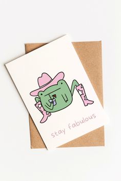 Printable Pink Cowboy Frog Card | Digital Download, Funny Blank Greeting Card | Stay Fabulous Silly Birthday Cards Diy, Cartoon Greeting Cards, Cute Cards For Friends Creative, Frog Birthday Cards Handmade, Frog Cards Handmade, Fun Birthday Cards Diy, Cute Funny Birthday Cards, Funny Frog Drawings, Drawings For Cards