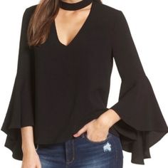 Wayf Ryan Bell Sleeve Choker Neck Black Top Sm New Nwt Victorian Romance Meets Contemporary Edge With This Black Top, Ethereally Detailed With A Choker Collar And Flowing Bell Sleeves. Rock This Blouse With Your Favorite Jeans And High Heels Or Leather Skirt. From Work To Happy Hour Or A Party. Brand New With Tags. Measures Approx (Flat) Chest 18 In, Length 23 In. Black Tops For Going Out In Spring, Chic Black Top For Going Out, Elegant Black Top For Going Out, Edgy Tops For Going Out In Fall, Edgy Tops For Going Out In Spring, Red Bell Sleeve Top, Sheer Sleeves Top, Lace Camisole Top, Victorian Romance