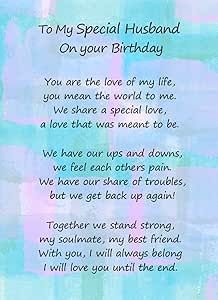 a poem written in blue and pink with the words to my special husband on your birthday