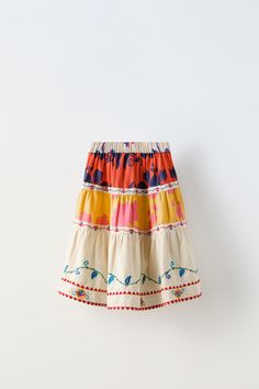 PRINTED EMBROIDERED SKIRT - Blue | ZARA United States Long Cotton Skirt With Embroidered Hem, Relaxed Cotton Skirt With Embroidery, Cotton Embroidered Skirt With Relaxed Fit, Playful Blue Cotton Skirt, Playful Cotton Skirt For Spring, Embroidered Cotton Flowy Skirt, Multicolor Cotton Skirt With Elastic Waistband, Cotton Skirt With Embroidered Hem, Embroidered Flowy Cotton Skirt