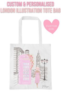 A white and pastel pink tote bag for women with a soft pink aesthetic travel illustration with a pink phonebooth of a girl walking towards Big Ben in London, England. Europe Aesthetic Fashion, Bridal Party Robes Silk, Cute Tote Bag Design, Girly Pink Aesthetic, Girl In London, Europe Aesthetic, Aesthetic Gift, London Aesthetic, I Believe In Pink