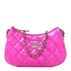 This is an authentic CHANEL Iridescent Mirror Goatskin Clutch With Chain in Pink. This stunning small crossbody shoulder bag is finely crafted of glossy diamond quilted patent leather in pink. The bag features a silver chain link shoulder strap threaded with leather and a frontal flap with a Chanel CC turn lock. This opens to a compact matte leather interior with zipper and patch pockets and features a matching star coin purse. Summer Chanel Bag, Chanel Bag Pink, Chanel Handbags Pink, Luxury Pink Bag With Chain, Pink Chanel Flap, Cc Card, Pink Iridescent Chanel Bag, Chanel Crossbody, Luxury Birthday