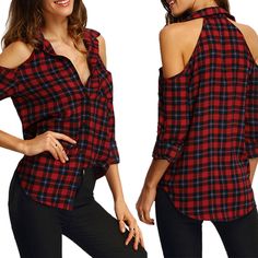 a woman wearing a red and black plaid shirt with cold shoulder tops on her shoulders