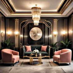 a living room with two couches, chairs and a coffee table in front of a chandelier