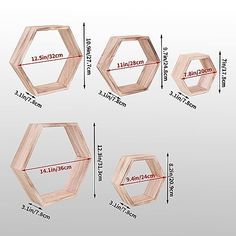 three wooden hexagonals are shown with measurements for each one and the other