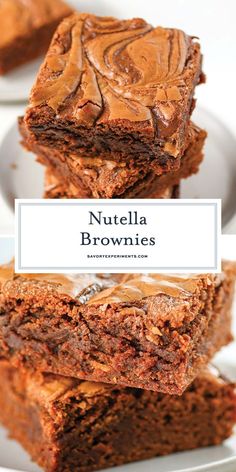 nutella brownies stacked on top of each other with the words nutella brownies above them