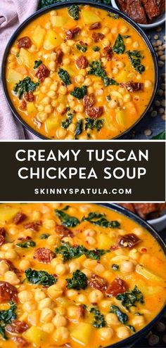 creamy tuscann chickpea soup with spinach and bacon