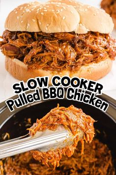 the slow cooker pulled bbq chicken is being scooped out of the crock pot