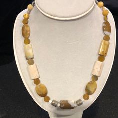 Natural Stone Necklace In Cream And Gold Amber Agate Single Strand Jewelry, Amber Single Strand Agate Jewelry, Single Strand Agate Jewelry Gift, Handmade Agate Necklace For Everyday Wear, Handmade Agate Jewelry For Everyday, Unique Brown Single Strand Jewelry, Brown Single Strand Jewelry Gift, Brown Single Strand Jewelry As A Gift, Brown Single Strand Jewelry For Gifts